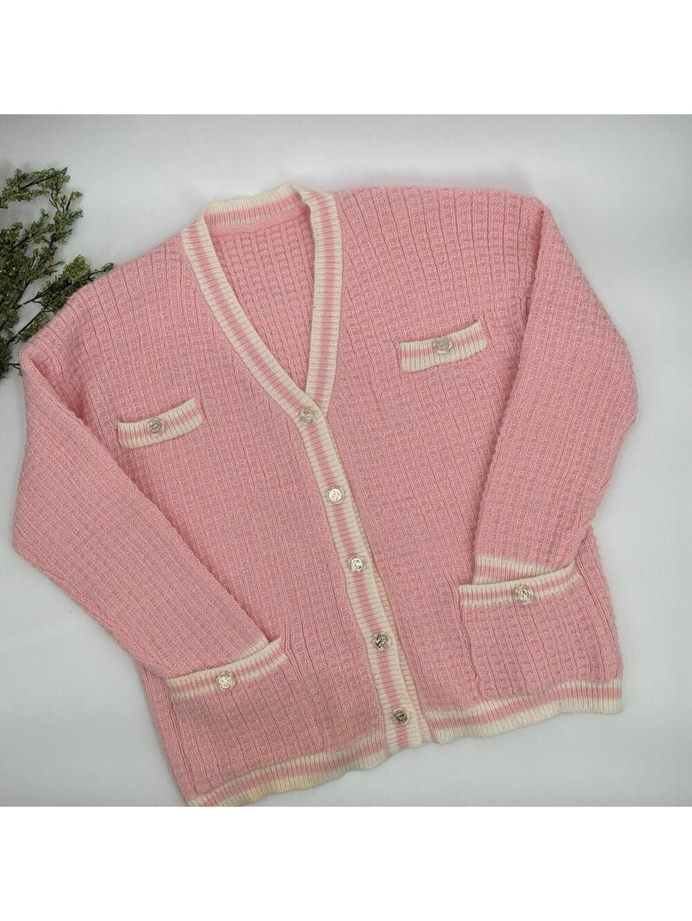Pink and White Waffle Knit Varsity Cardigan Cottagecore Coquette Preppy OS